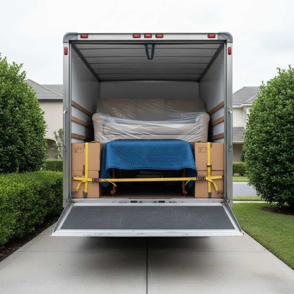 An open moving truck with a clean, bright interior revealing carefully arranged furniture: a tightly wrapped beige sofa in protective plastic, a polished wooden dining table padded with quilted blue moving blankets, and securely strapped cardboard boxes of varying sizes. The truck is backed up to a tidy suburban driveway surrounded by trimmed hedges and smooth concrete. Cool, overcast daylight creates even, shadow-free lighting that highlights the precision of the loading. Photographic realism emphasizes texture in the blankets and box surfaces. Captured from the rear of the truck at eye level, the composition showcases meticulous packing, suggesting expertise in local and long-distance moves.