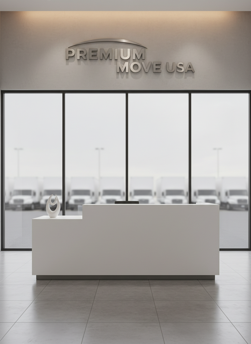A modern, minimalist office reception area featuring a brushed metal wall sign reading “Premium Move USA” in bold, sans-serif letters, mounted above a sleek white reception counter. The background includes a glass wall revealing rows of neatly parked moving trucks outside in soft focus. Warm, indirect ceiling lighting casts a subtle glow on the sign, creating refined highlights and faint shadows that suggest depth. Photographic realism captures clean lines and smooth surfaces. Shot at eye level with centered composition, the scene feels polished, trustworthy, and corporate, ideal for conveying the professional brand identity of a premium moving company’s headquarters.