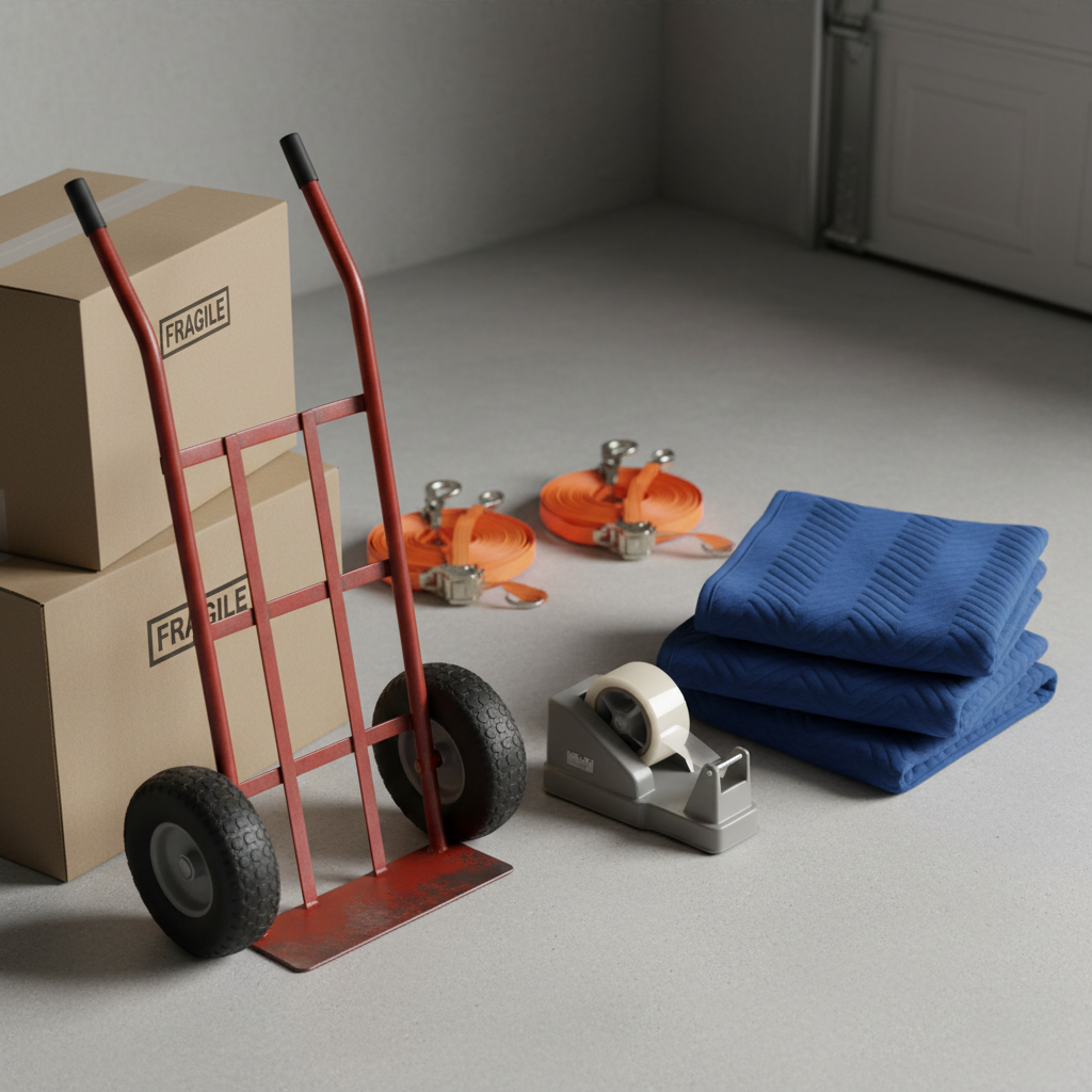 A detailed close-up of professional moving equipment laid out on a spotless concrete garage floor: a sturdy red hand truck with rubber wheels, stacks of crisp brown moving boxes, thick blue quilted moving blankets folded precisely, bright orange ratchet straps coiled neatly, and a roll of wide clear packing tape beside a heavy-duty tape dispenser. Soft studio-style lighting from the upper left creates gentle shadows and subtle highlights on the textured materials. Shot from a slightly elevated angle in photographic realism with a shallow depth of field, the frontmost tools are razor sharp while the background softens, conveying preparedness, efficiency, and professionalism for a moving service website’s services section.