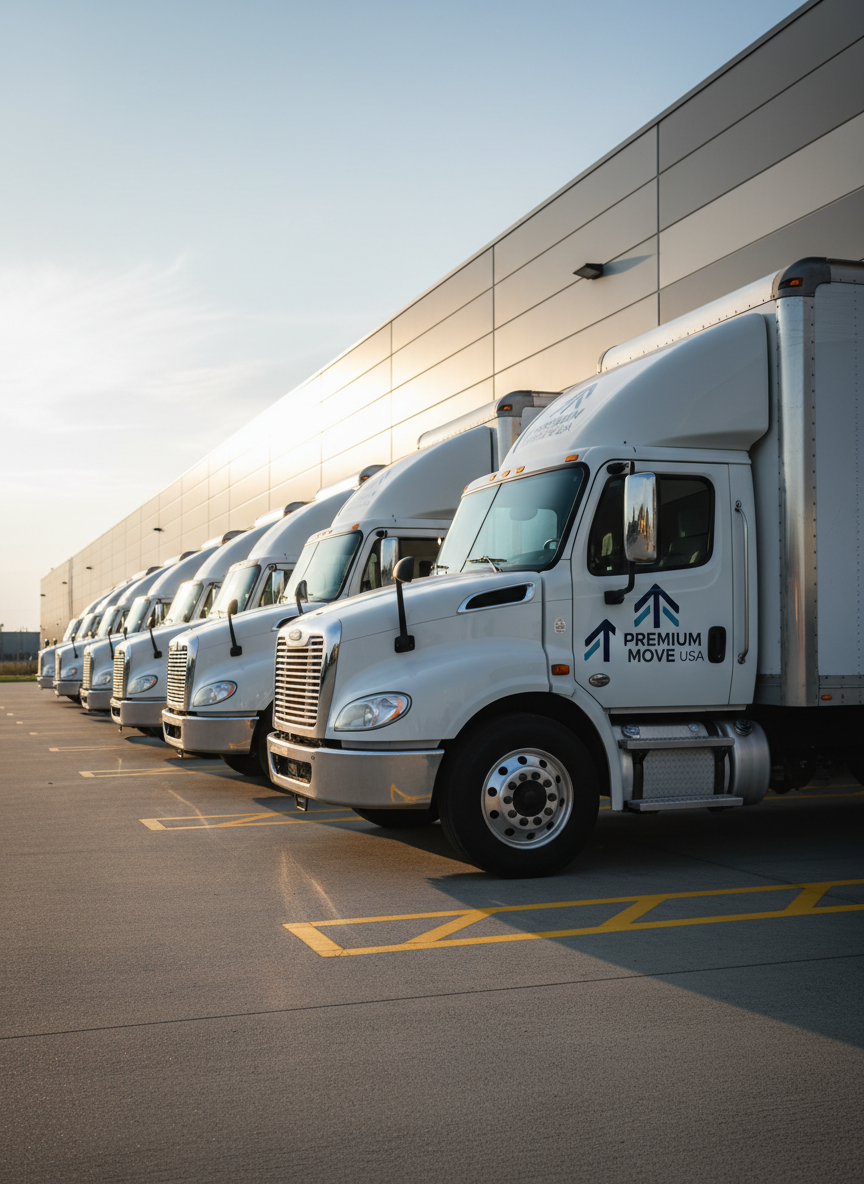 A fleet of immaculate white moving trucks bearing a clean, modern “Premium Move USA” logo, parked in a neat row outside a contemporary warehouse with smooth gray metal siding. The asphalt is freshly striped, with bright yellow safety lines leading toward the trucks. Late afternoon natural light casts long, crisp shadows, creating a confident and professional atmosphere. Captured at eye level with photographic realism, the front truck dominates the foreground in sharp focus, while the others recede in a gentle blur. The sky is clear and pale blue, reinforcing a reliable, businesslike mood suitable for a premium moving company homepage hero image.