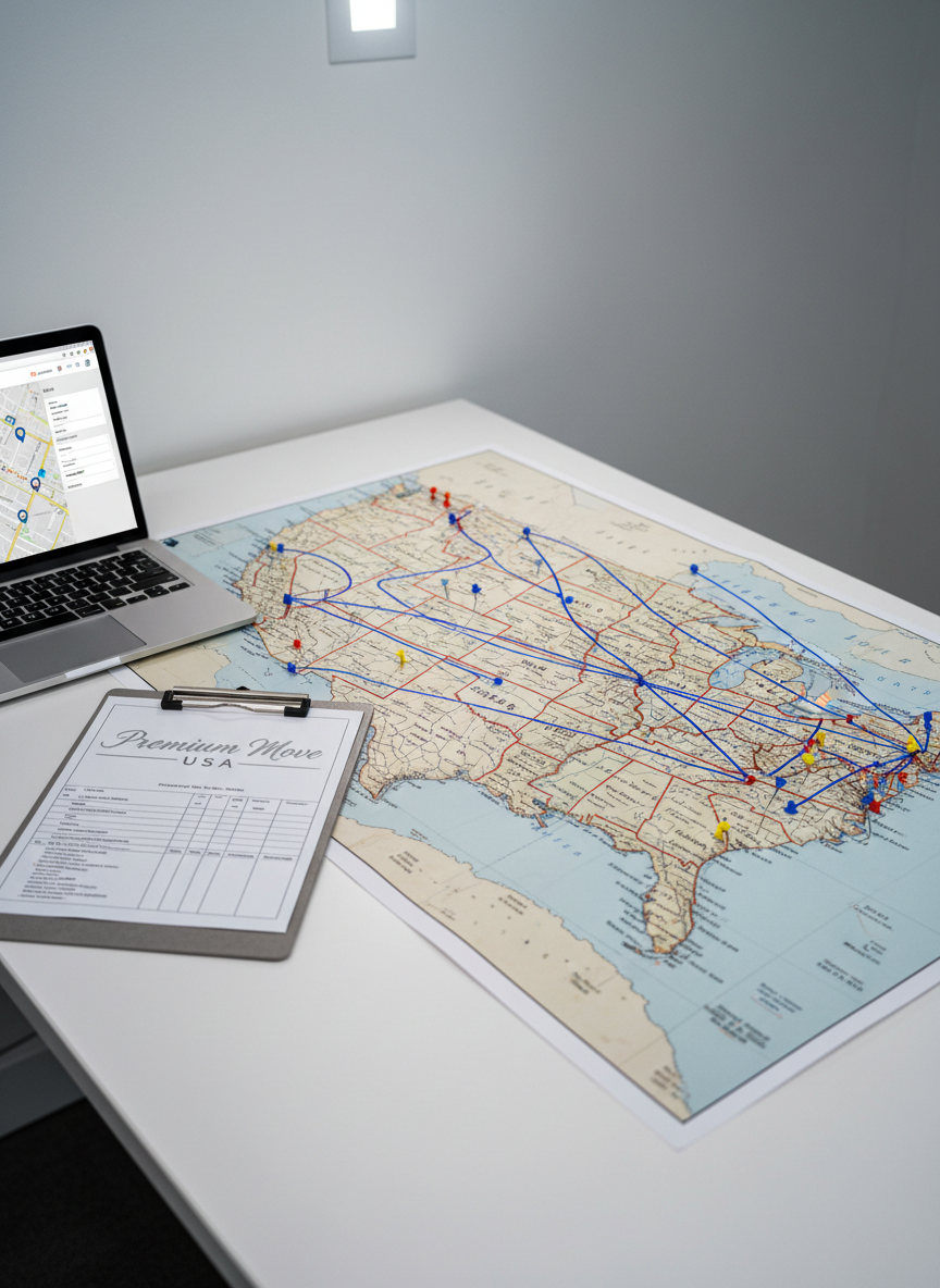 A large, detailed map of the United States spread across a clean white office desk, with colored pushpins marking major cities and connecting routes drawn with fine blue lines. Beside the map rests a sleek silver laptop displaying a minimalist route-planning interface and a branded “Premium Move USA” clipboard with a printed long-distance move itinerary. Cool, bright overhead lighting creates an evenly lit, analytical feel. Photographic realism captures the texture of the paper and the gleam of metal pushpins. Framed from a slightly elevated, three-quarter angle, the composition emphasizes nationwide coverage and precise planning, ideal for illustrating long-distance moving logistics on a professional business site.