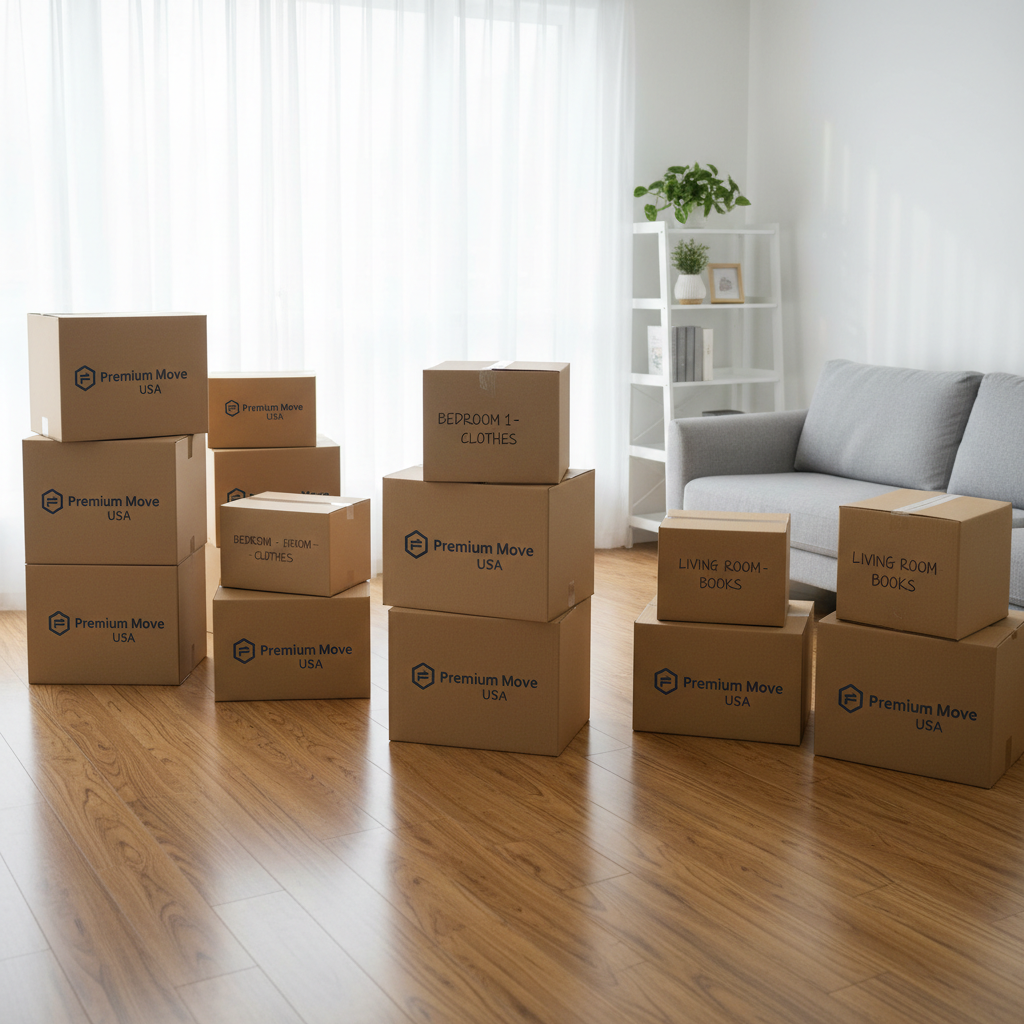 A spacious, sunlit living room filled with neatly stacked cardboard moving boxes branded with a subtle “Premium Move USA” mark, each labeled in tidy black lettering. A pristine hardwood floor reflects soft, diffused morning light from a large window with sheer white curtains. In the background, a modern gray sofa and minimalist shelving unit are slightly out of focus, emphasizing order rather than clutter. Shot from a slightly elevated angle with clean, photographic realism, the composition uses the rule of thirds to place the stacks of boxes prominently, evoking an organized, stress-free residential move with a calm and professional atmosphere.