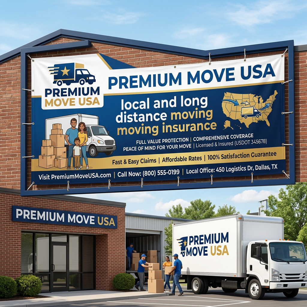 Banner showing Premium Move USA moving services with contact details and map